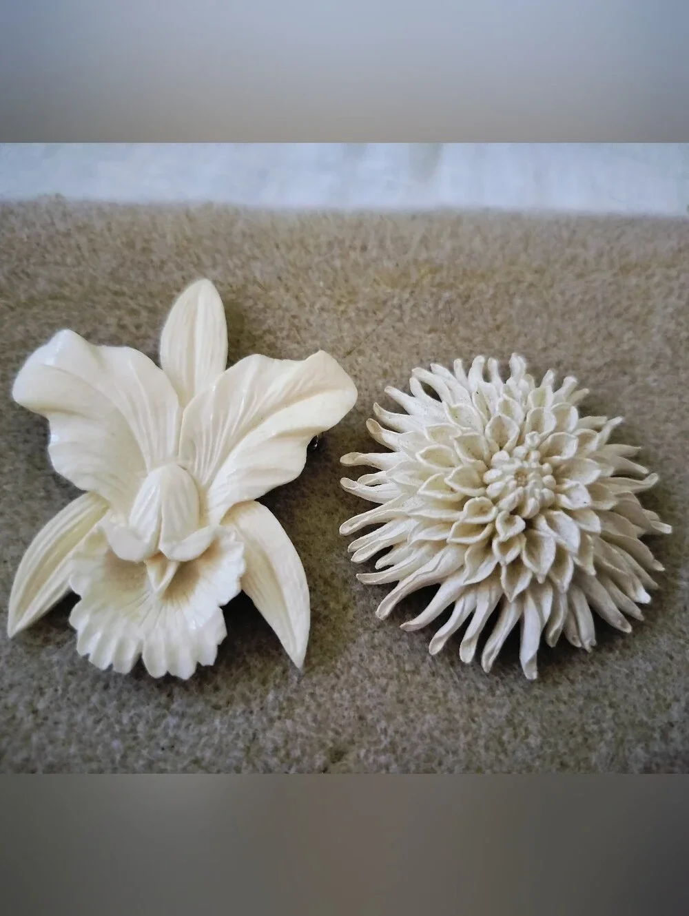 Vintage Carved Cream Floral Brooch Set | White Orchid & Chrysanthemum Pins